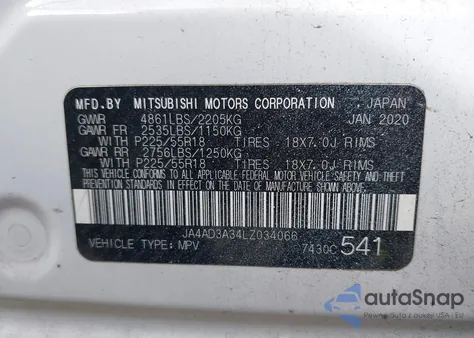 2020 Mitsubishi Outlander Le 2.4/Se 2.4/Sel 2.4/Sp 2.4 из США, поврежденный, VIN JA4AD3A34LZ034066